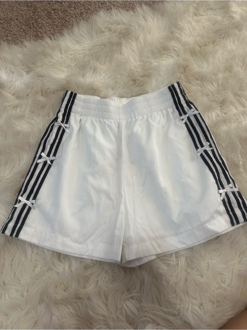 PacSun White Athletic Shorts with black Side Stripes and Bow Accents